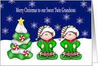 Merry Christmas Twin Grandsons - Twins, Tree, Snowflakes, Candy card