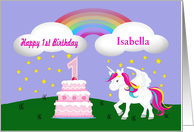 Custom Unicorn & Rainbow 1st Birthday -Unicorn, Rainbow, Cake, Stars card