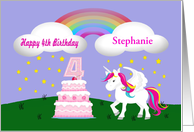 Custom Unicorn & Rainbow 4th Birthday -Unicorn, Rainbow, Cake, Stars card