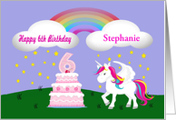 Custom Unicorn & Rainbow 6th Birthday -Unicorn, Rainbow, Cake, Stars card