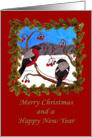 Hand drawing of a whimsical bullfinch christmas card