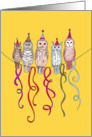 Hand drawn owls with hats and colorful ribbons birthday card