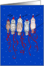 Hand drawn owls with hats and red ribbons Christmas card