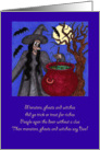 Hand drawn whimsical witch Halloween scene with rhyme poetry card