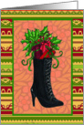 Boot with gifts with pattern background Christmas card