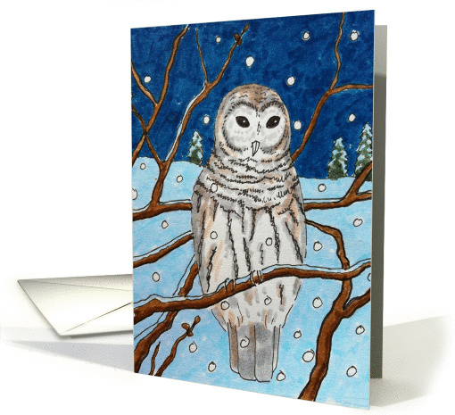 (in Swedish) Christmas owl in a winter nature wildlife scenery card