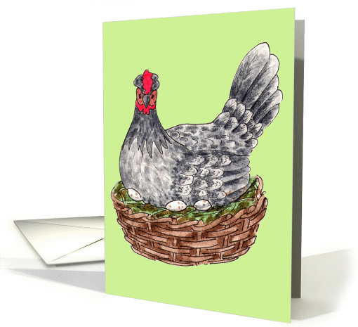 Illustrative Easter hen brooding eggs in a basket card (1086634)
