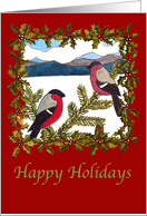 Hand drawn whimsical bullfinch christmas card