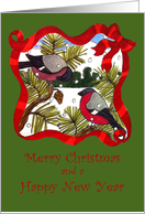 Illustrative and whimsical bullfinch christmas card