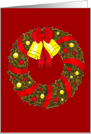 Hand drawn wreath decorated with ribbon, bells and ornaments christmas card