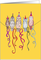 Hand drawn owls with hats and colorful ribbons birthday card