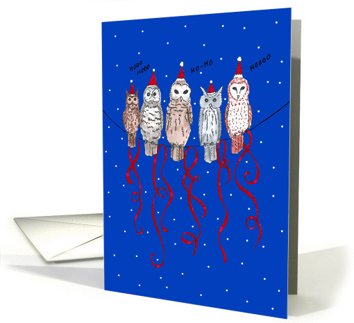 Hand drawn owls with hats and red ribbons Christmas card (1162426)