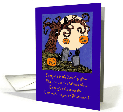 Hand drawn whimsical moonlight scene with rhyme poetry Halloween card