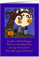 Hand drawn whimsical moonlight scene with rhyme poetry Halloween card