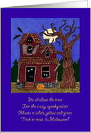 Hand drawn whimsical moonlight Halloween scene with rhyme poetry card