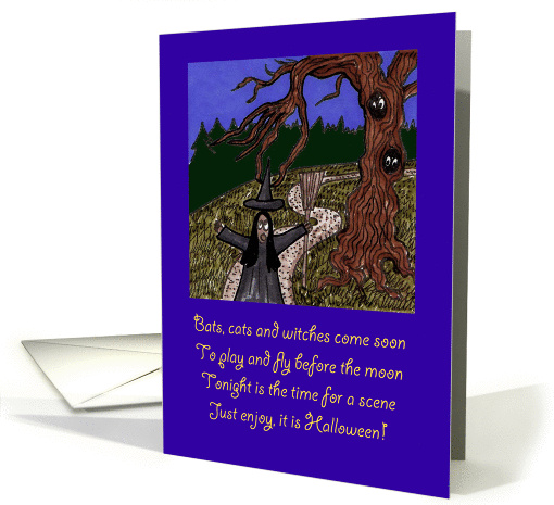Hand drawn whimsical witch Halloween scene with rhyme poetry card