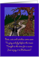 Hand drawn whimsical witch Halloween scene with rhyme poetry card