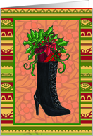 Boot with gifts with pattern background Christmas card