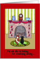 Cat and dog waiting for gifts in stockings Christmas card