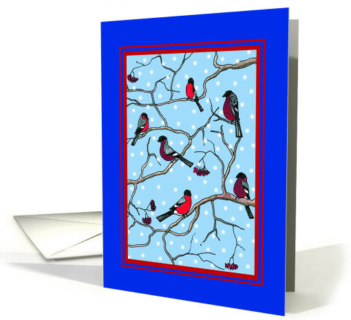 Group of bullfinches in a winter scene Christmas card (1256428)