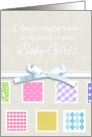 Congratulations on the birth of your baby girl with ribbon bow graphic card