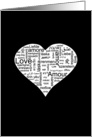 Black and white heart with words for love in many different languages card