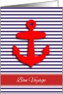 Bon Voyage card - nautical red anchor on blue and white sailor stripes card