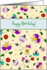 Purple & Yellow Traditional floral pattern Happy Birthday Card