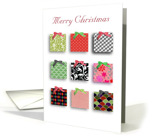 Red and Green Merry Christmas Presents with ribbons and bows card
