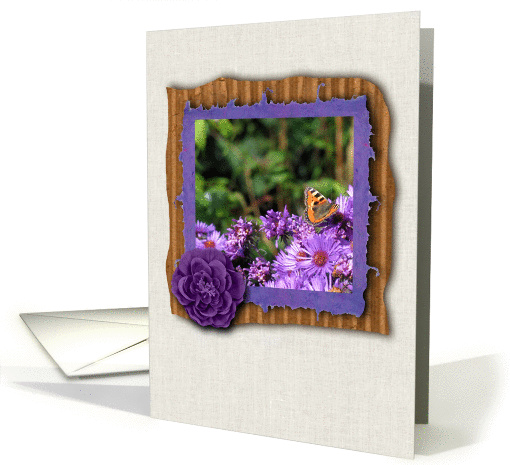 Monarch butterfly on purple daisy flowers garden - any occasion card