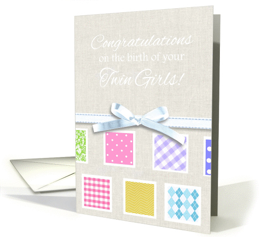 Birth Congratulations - baby twin girls - pastel squares... (1092060)
