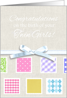 Birth Congratulations - baby twin girls - pastel squares & bow graphic card