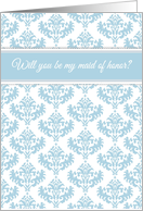 Elegant blue and white damask - Will you be my maid of honor? card