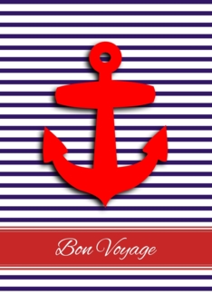 Bon Voyage card - nautical red anchor on blue and white sailor stripes