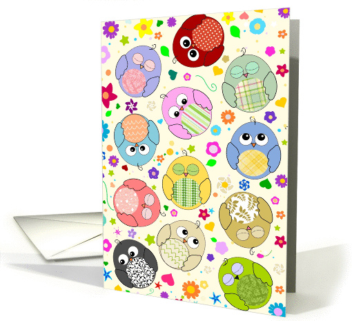Rainbow multicolor artoon owls & flowers general occasion blank card