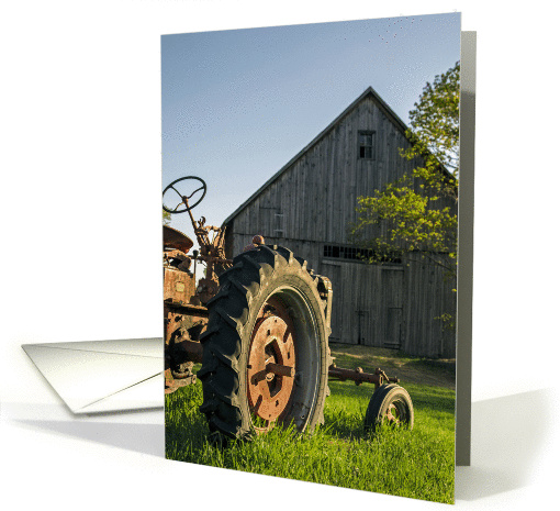 Farm scene with vintage tractor and barn blank note card (1102630)