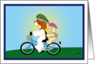 Two dogs riding a bicycle card