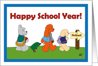 Three dogs walking to school card