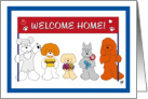 Five dogs holding a welcome home banner card