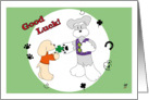 A poodle giving a four-leaf clover to a schnauzer wishing good luck card