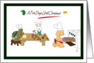 A dog, a tortoise and a rabbit baking Christmas cookies card