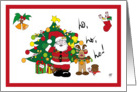 Santa Claus and a reindeer wishing Merry Christmas in front of a tree card