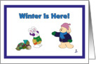 A dog, a rabbit and a tortoise celebrate the arrival of winter card