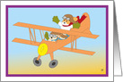 Two dogs having a nice day flying in an orange aeroplane card