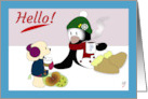Hello Cute Penguin and Dog Catching Up with Pastries and Hot Drinks card