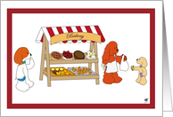 Dogs buying bakery sweets to a cocker spaniel to celebrate friendship card