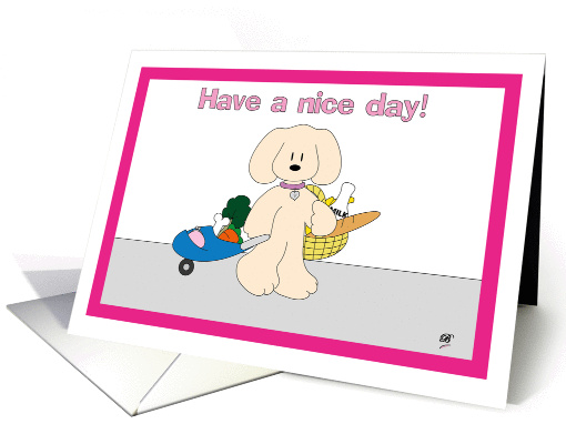 Happy dog returning home from grocery shopping card (1118454)