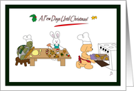 A dog, a tortoise and a rabbit baking Christmas cookies card