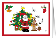 Santa Claus and a reindeer wishing Merry Christmas in front of a tree card
