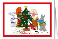 Five dogs decorating the Christmas tree card